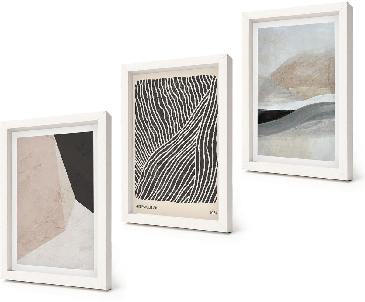 Coloray 3-Delige Schilderij Set - Abstracte patronen in beige en grijze tinten. - 20x30 - Schilderijen Set - Wanddecoratie - Woonkamer