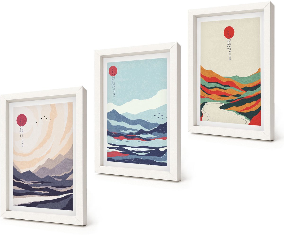 Coloray 3-Delige Schilderij Set - Japanse abstracte berglandschappen - 20x30 - Muurdecoratie - Wanddecoratie - Slaapkamer