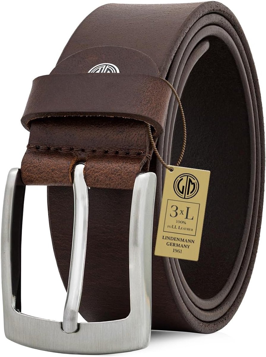 LINDENMANN Mens Leather Belt/Mens Belt, Full Grain Leather Belt XXL, 2 Colours, Black/Dark Brown - ShopVlot