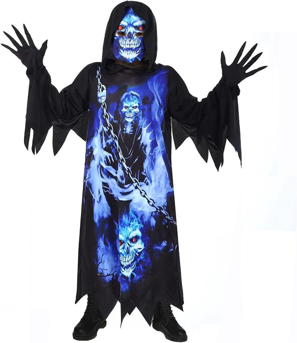 Sincere Party Grim Reaper Costume for Kids, Phantom of Darkness, Spooky Black Robe with Spooky Gloves, Printed Mask - ShopVlot