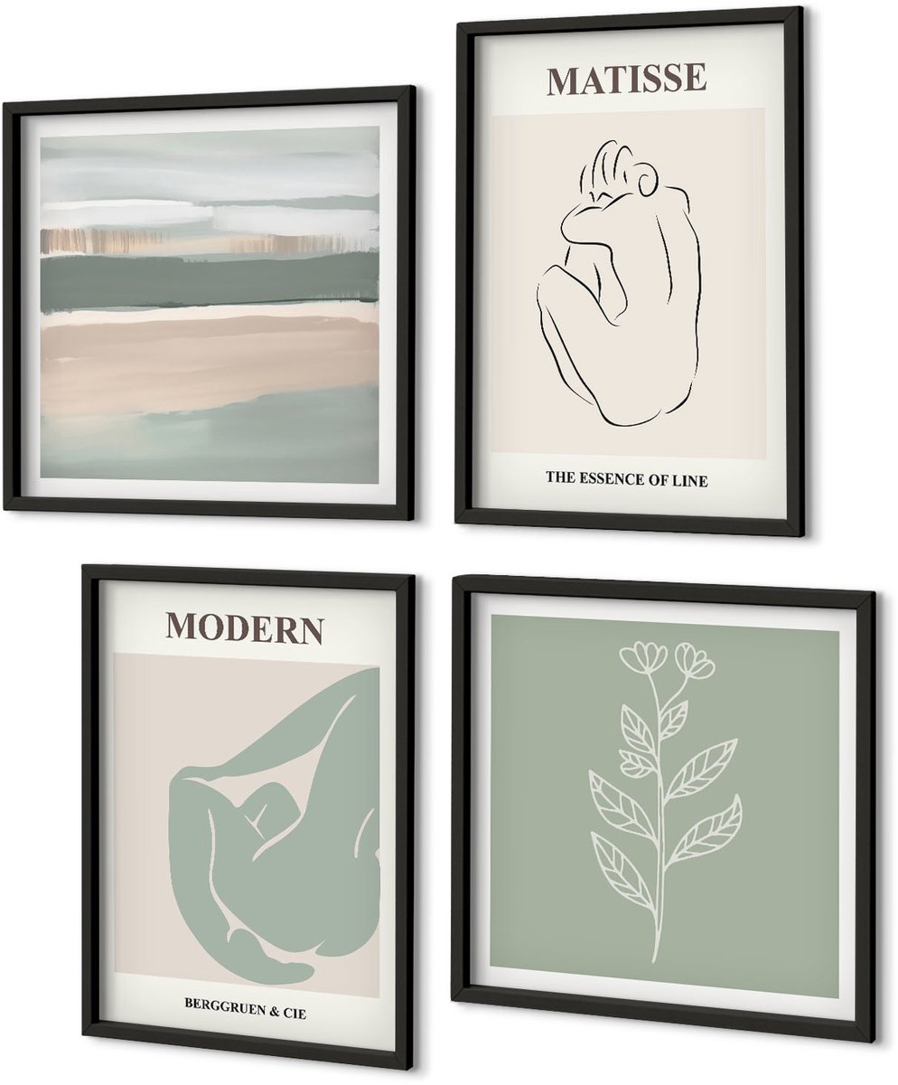 Coloray 4-Delige Schilderij Set - Abstracte Vormen In Pasteltinten Met Planten - 40 x 40 cm En 40 x 60 cm - Stijlvolle Wanddecoratie - Interieur - Muurdecoratie Zwarte lijst