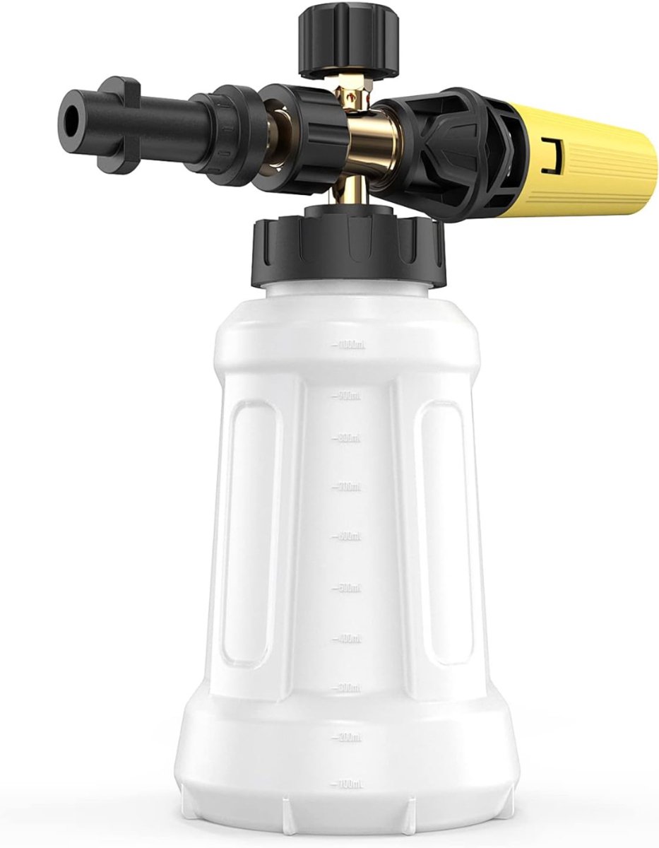 QUOVO® Schuimsproeier - Voor Auto & Motor - Foam Sprayer - Voor Auto Wassen - Schuimlans - Foam Cannon - Schuim Pistool - Snow Foam - Schuim Kanon 1 Liter – Lance – Mondstuk Voor Hogedrukreiniger - Wit - 15cm x 6cm x 19cm
