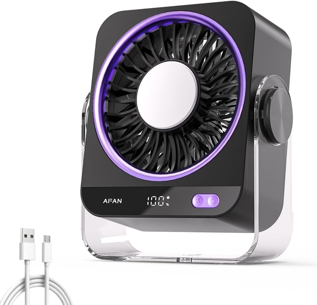 Tafelventilator - USB Draagbare Ventilator - Verkoelende Ventilator - Met Koelfunctie - 5 Snelheidsstanden - Stil in Gebruik - Met Digitaal Display - Krachtige Luchtstroom - Geschikt voor Slaapkamer, Kantoor en Auto - Grijs & Paars