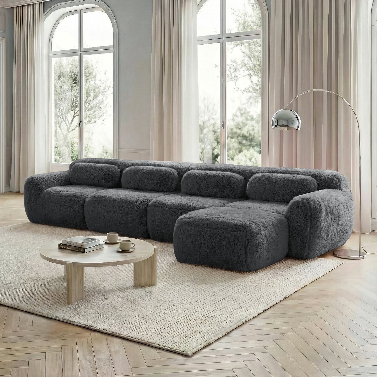Modulaire L-vormige bank 4-zits - Voor woonkamer en slaapkamer - Grijs pluche - Montagevrij en diepe chaise longue - Inclusief kussens en antislip - 32D hochelastisch schuim