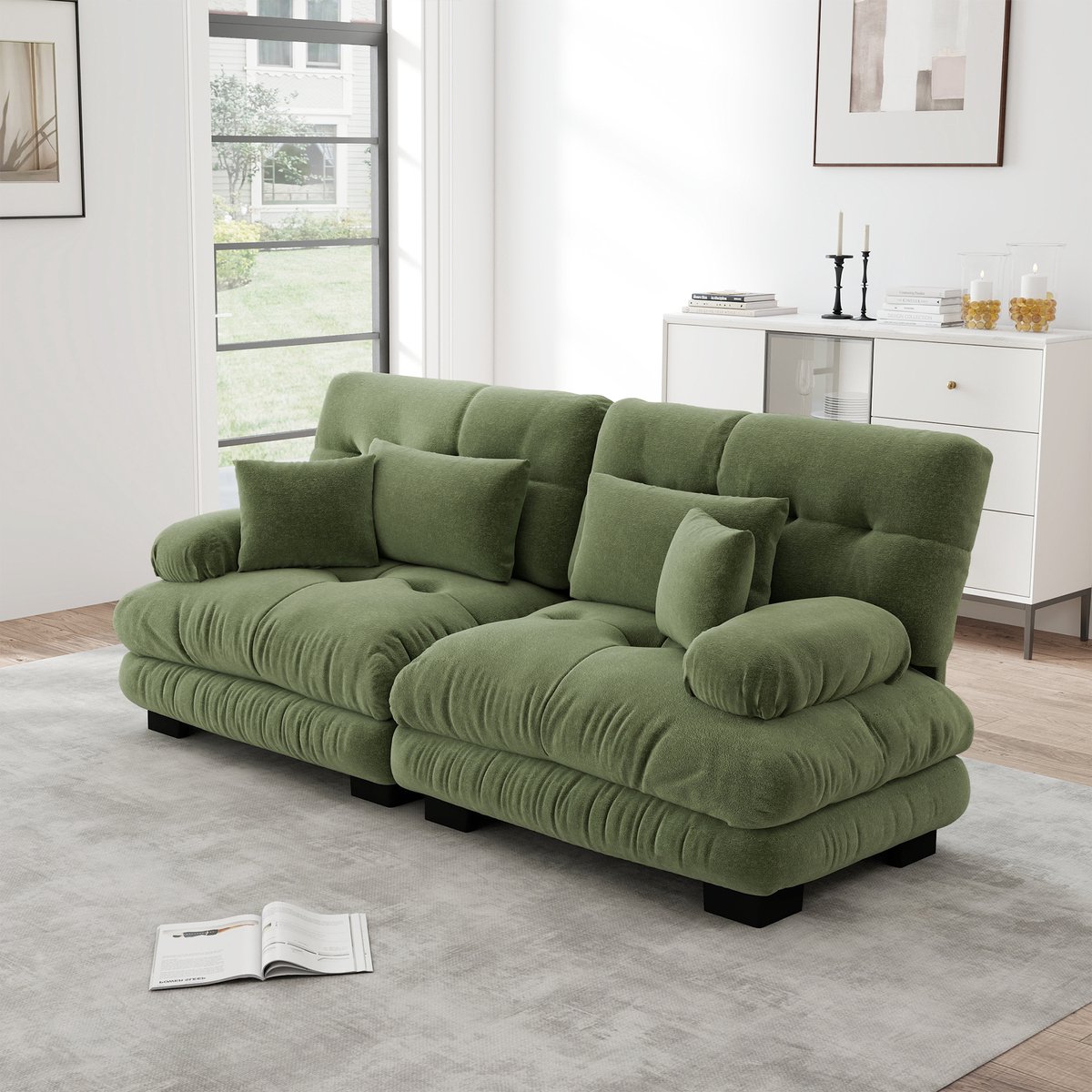 Cloud hoekbank met diepe zit - Vintage chenille voor woonkamer - 2-3 zitplaatsen - Groen - Schuimvulling zonder veren en massief houten frame - Ronde armleuningen als hoofdsteun - Inclusief 2 lenden- en 2 sierkussens