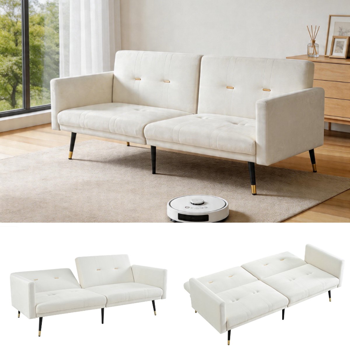 2-in-1 slaapbank - Verstelbare rugleuning voor woonkamer en slaapkamer - 2-zits - Beige - 5 posities tot 180° vlak - Zachte velvet bekleding - Stevige metalen poten, 180 kg draagkracht