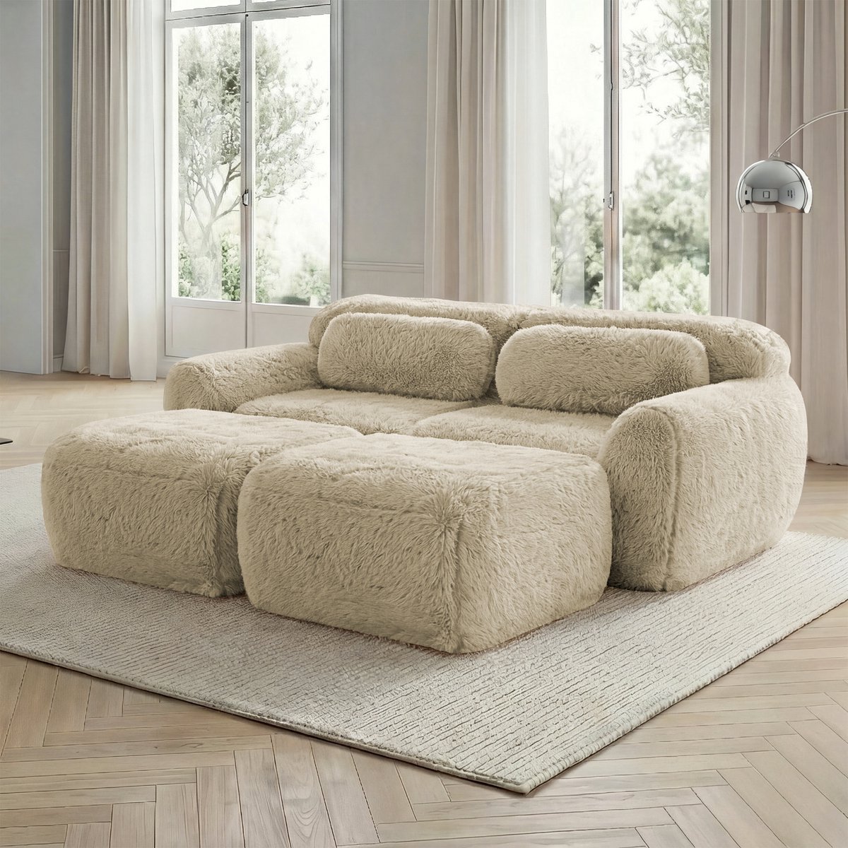 Modulaire 2-zits slaapbank zonder frame - Woonkamer, 2 ottomans - 2-persoons - Lichtkaki - Zachte pluche stof, geen montage - 32D schuim, antislip