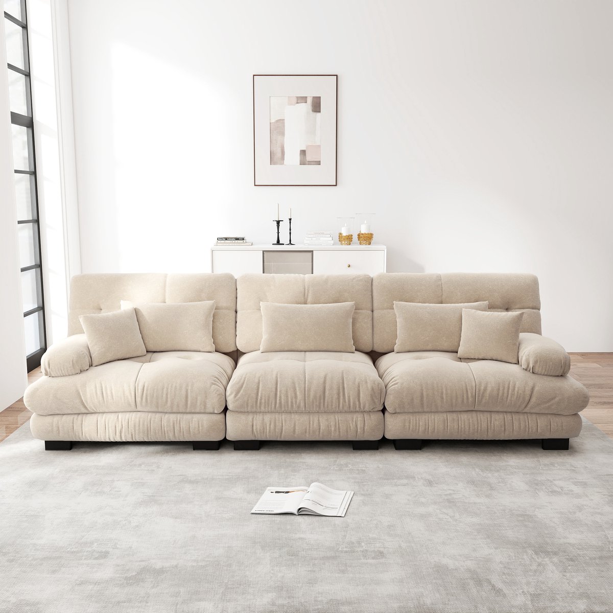 Modulaire slaapbank met diepe zit - voor woonkamer, appartement en kantoor - 3-zits - Lichtbruin - chenille stof - cloud zitcomfort - ronde armleuningen als hoofdsteun - incl. kussens