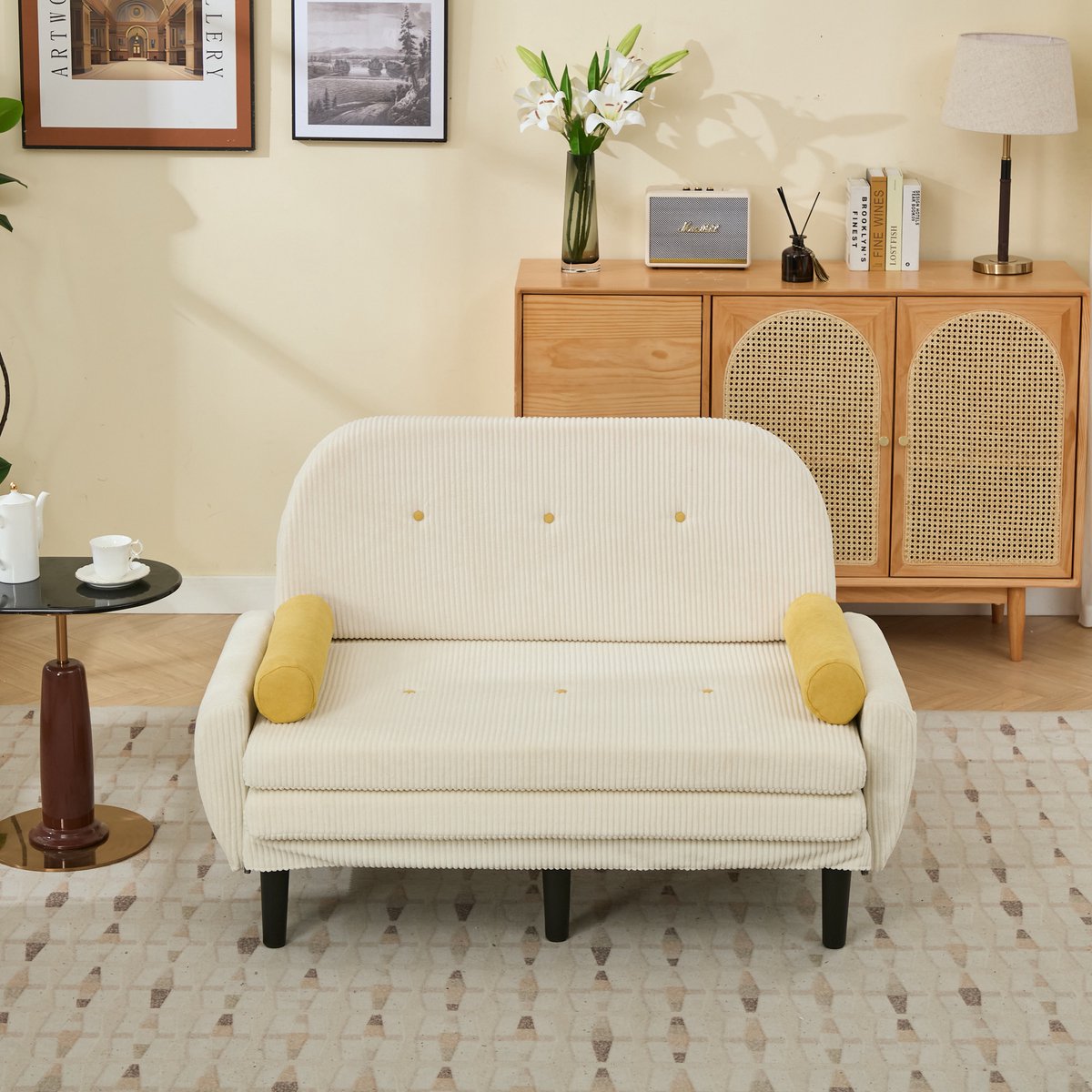 2-zitsbank met opbergruimte - Multifunctioneel als sofa, daybed en relaxstoel - 2 personen - Ivoor corduroy - Traploos verstelbare rugleuning - 2 ronde kussens inbegrepen - Stevig metalen frame