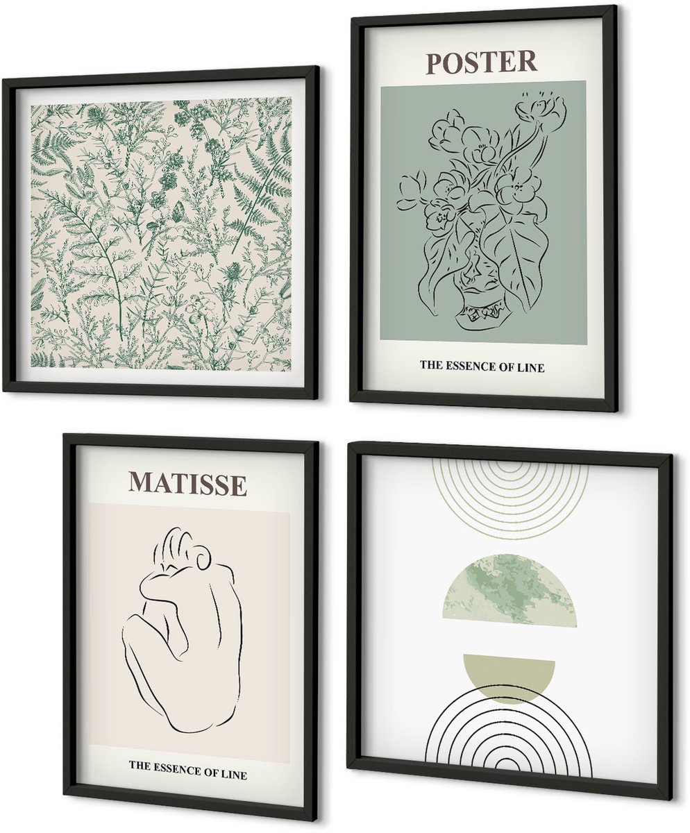 Coloray 4-Delige Schilderij Set - Lijnen En Plantmotieven In Een Minimalistische Stijl. - 40 x 40 cm En 40 x 60 cm - Muurdecoratie - Interieur Decoratie - Woonkamer Decoratie Zwarte lijst