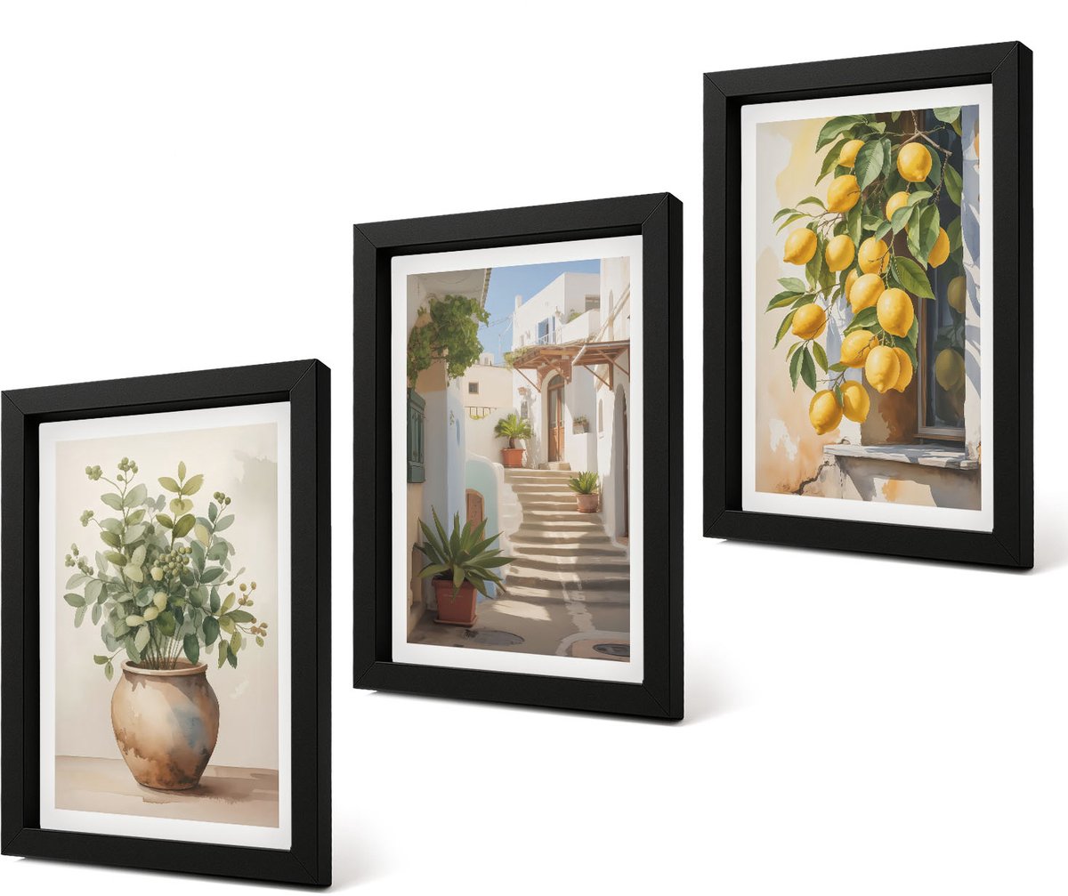 Coloray 4-Delige Schilderij Set - Potplanten en citroenen tegen de achtergrond van een straat. - 20 x 30 cm - Decoratieve Schilderijen - Woonkamer - Interieur