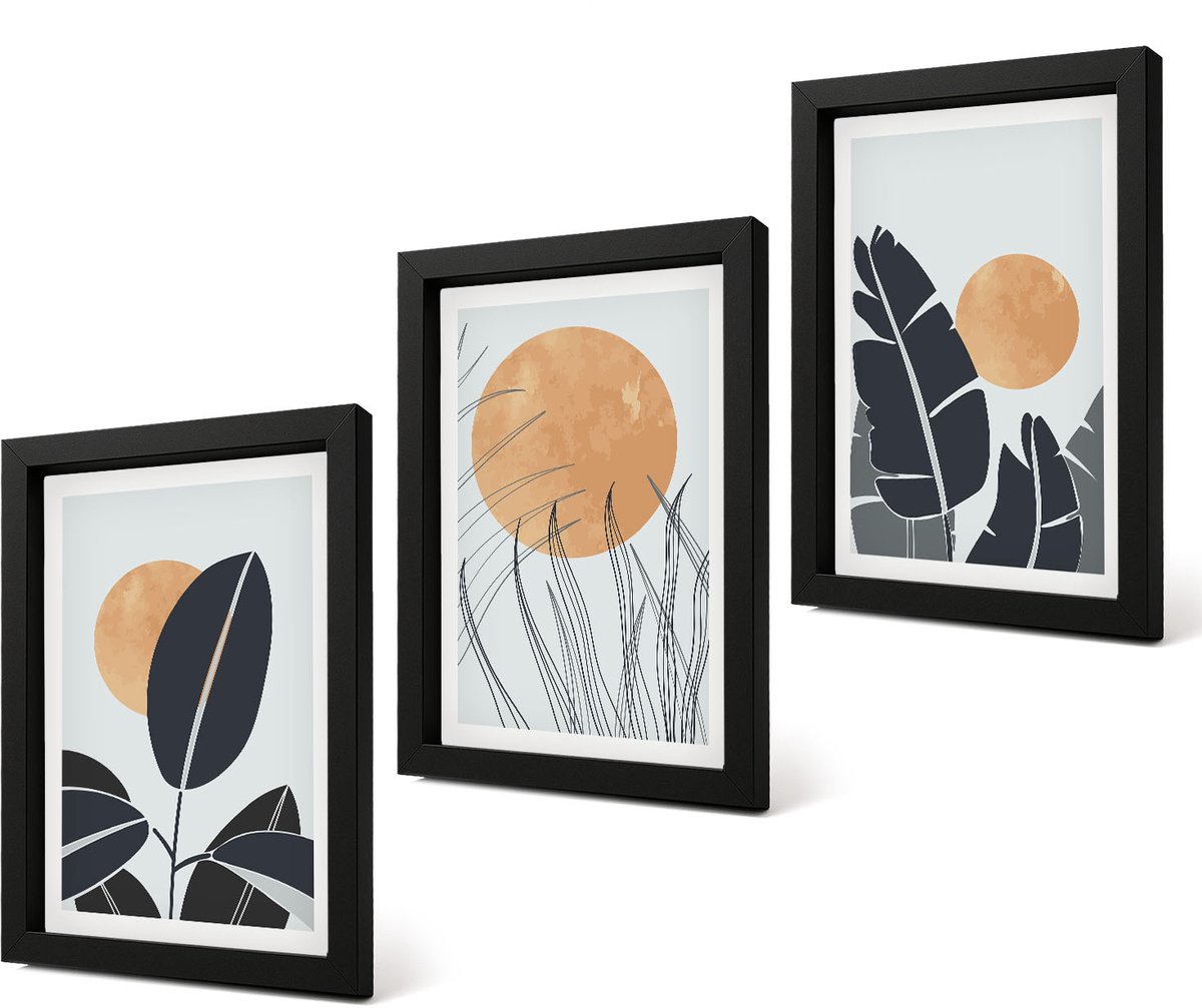 Coloray 4-Delige Schilderij Set - Plantenpatronen met grote zonnen in minimalistische stijl - 20 x 30 cm - Muurdecoratie - Wanddecoratie - Slaapkamer - Interieur Decoratie