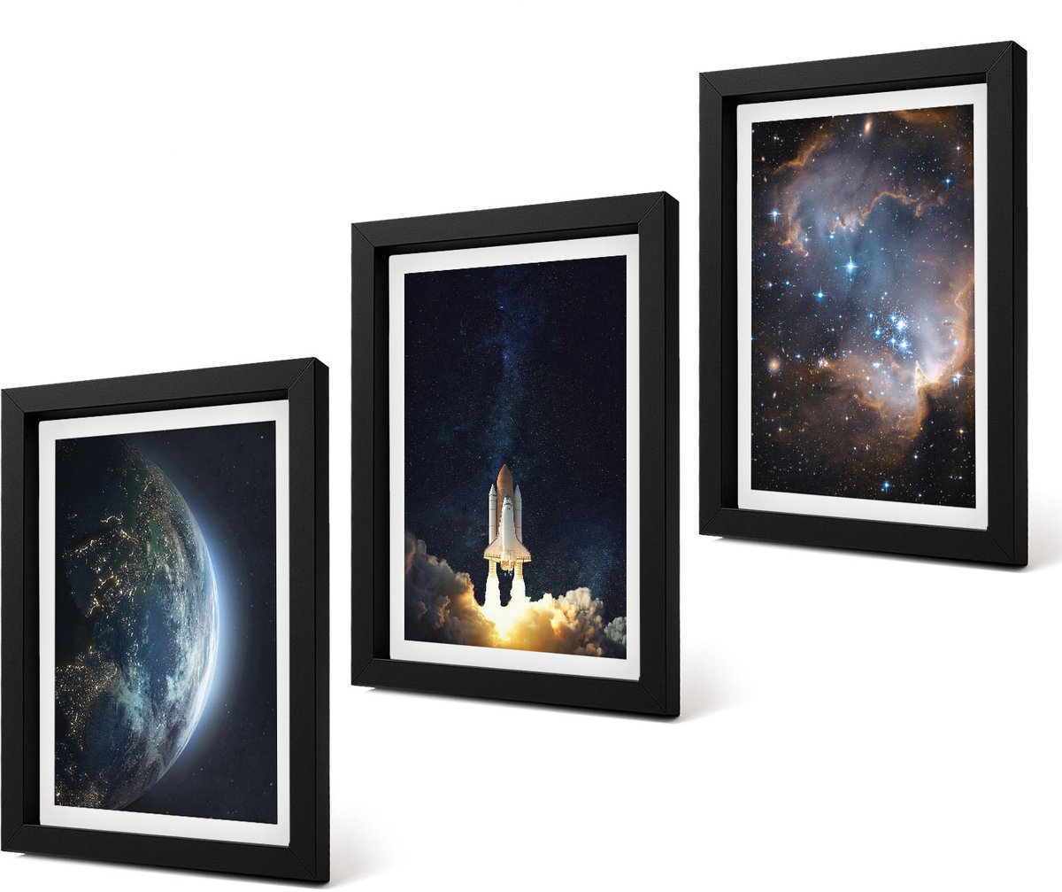 Coloray 4-Delige Schilderij Set - Ruimte Aarde Raket Melkweg Hemel Sterren - 20 x 30 cm - Muurdecoratie - Decoratieve Schilderijen - Wohnzimmer