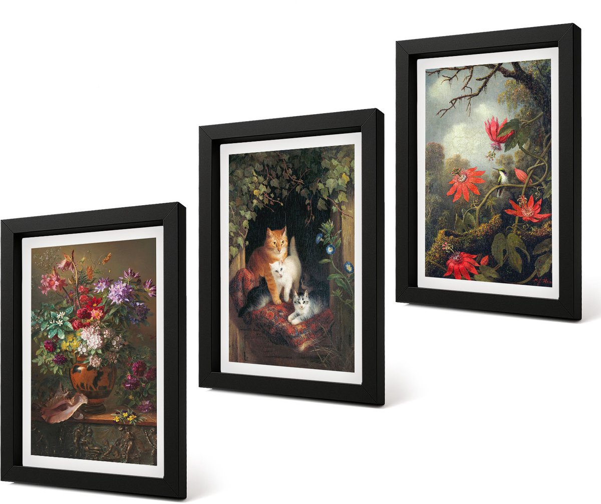 Coloray 4-Delige Schilderij Set - Vintage bloemen, katten en planten in de natuur - 20 x 30 cm - Muurdecoratie - Decoratieve Schilderijen - Wohnzimmer