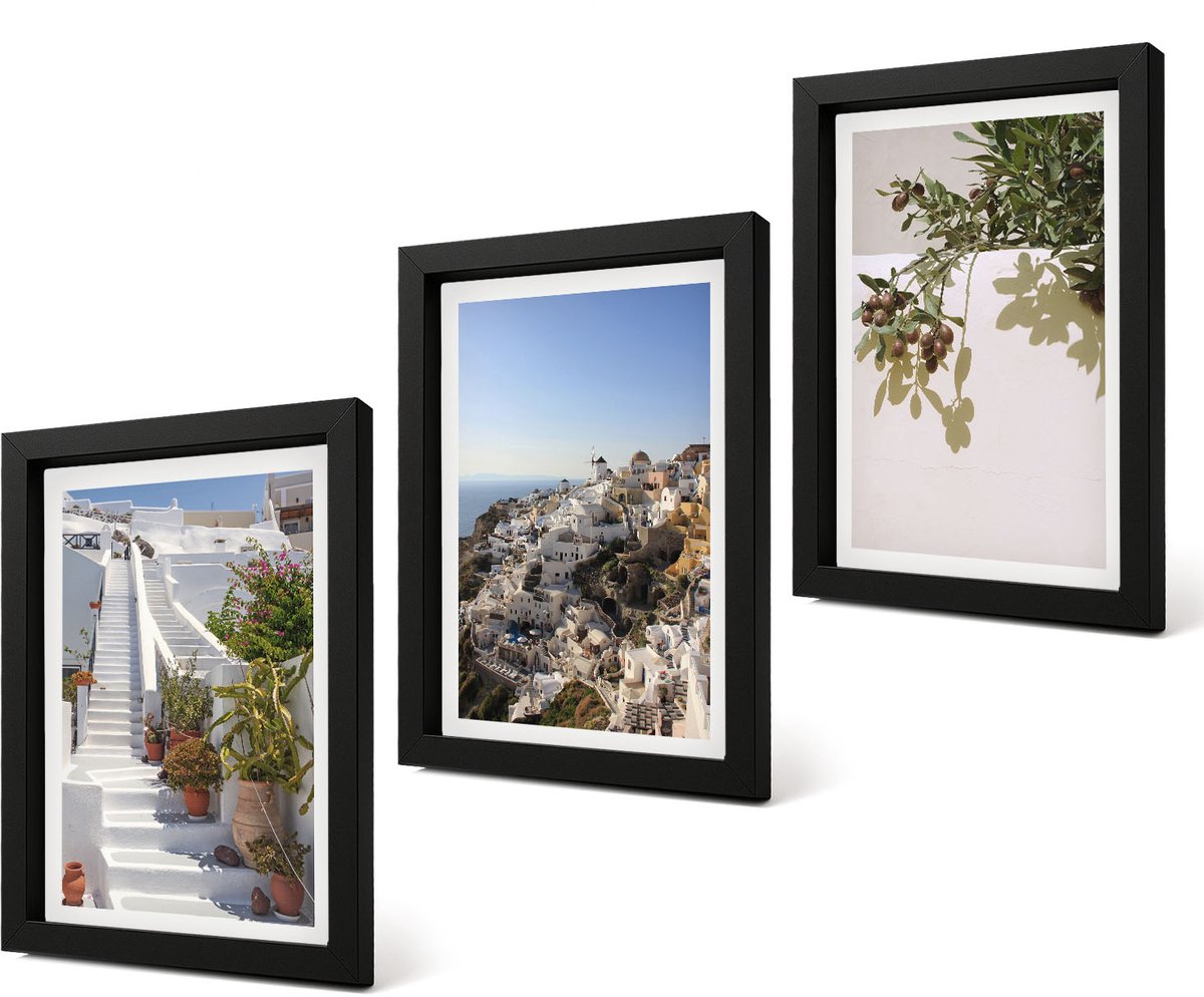 Coloray 4-Delige Schilderij Set - Witte trappen op Santorini met uitzicht over de stad - 20 x 30 cm - Stijlvolle Muurdecoratie - Slaapkamer - Wanddecoratie