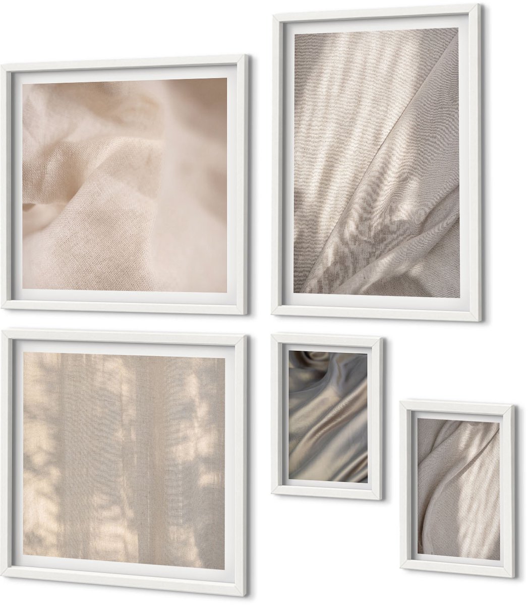 Coloray 5-Delige Schilderij Set - Natuurlijke Textielstructuren Van Dichtbij - Boho - 50 x 50 cm, 20 x 30 cm En 40 x 60 cm - Decoratieve Schilderijen - Wanddecoratie - Hal - Moderne Wanddecoratie