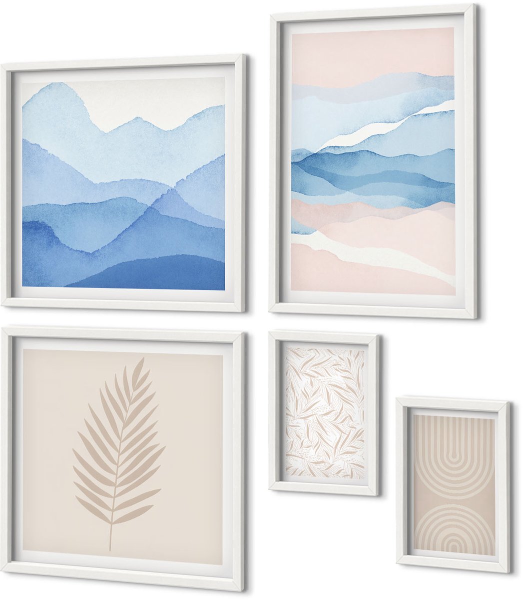 Coloray 5-Delige Schilderij Set - Abstracte Landschappen In Pasteltinten Met Bladeren - 50 x 50 cm, 20 x 30 cm En 40 x 60 cm - Muurdecoratie - Decoratieve Schilderijen - Wohnzimmer - Stijlvolle Muurdecoratie