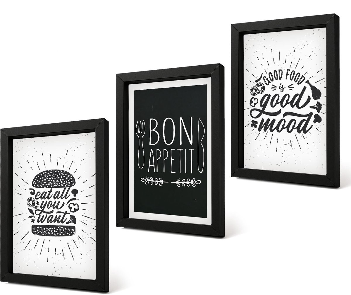 Coloray 4-Delige Schilderij Set - Voedselafbeeldingen en culinaire slogans - 20 x 30 cm - Decoratieve Schilderijen - Wanddecoratie - Hal
