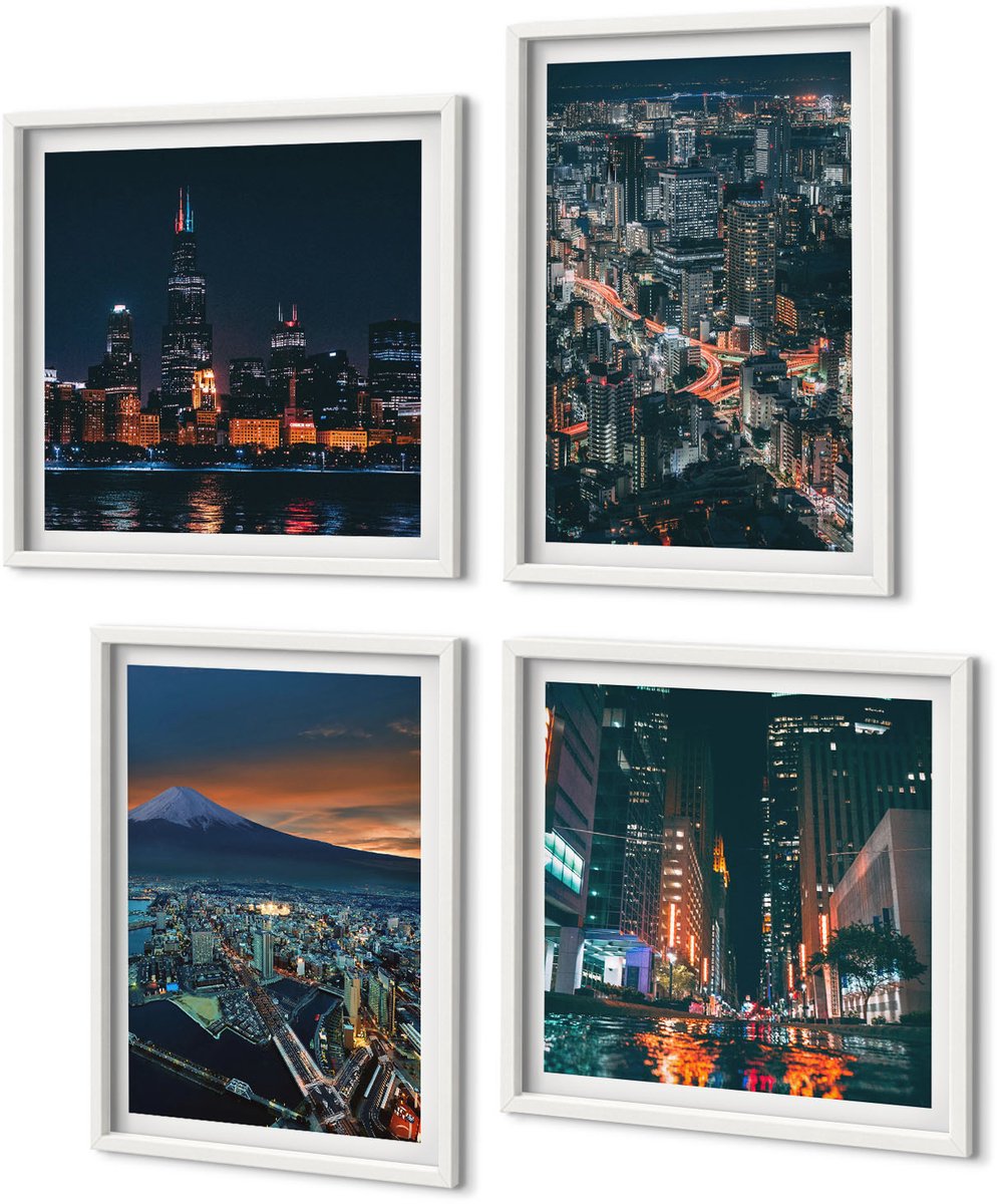 Coloray 4-Delige Schilderij Set - Uitzicht Op De Stad 'S Nachts Vanaf De Bergen Met Wolkenkrabbers - 40 x 40 En 40 x 60 - Muurdecoratie - Wanddecoratie - Hal