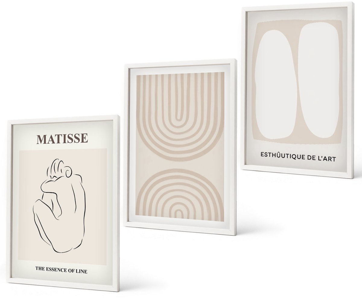 Coloray 3-Delige Schilderij Set - Stijlvolle Lijnen En Minimalistische Vormen In Neutrale Tinten. - 40 x 60 - Stijlvolle Muurdecoratie - Kantoor - Wanddecoratie