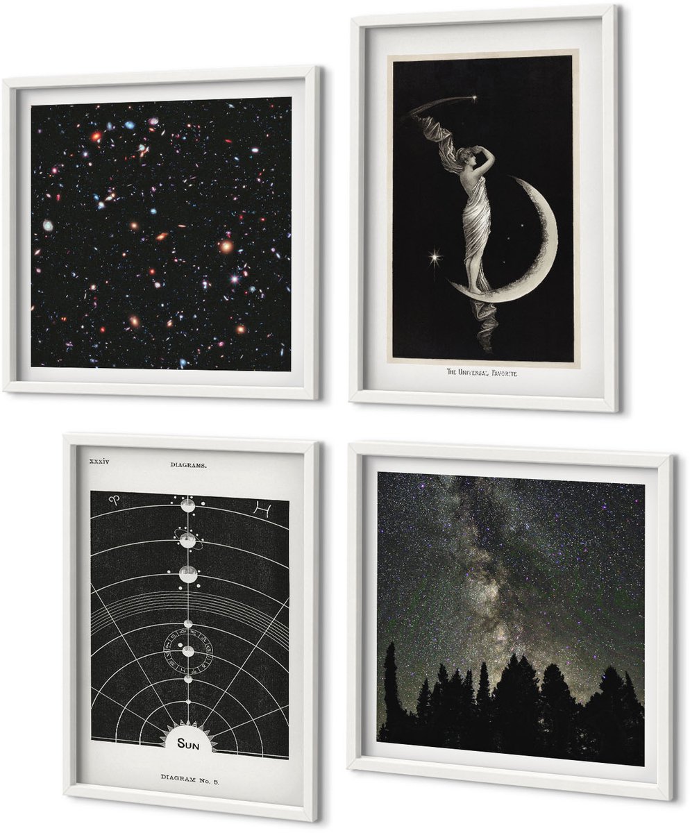 Coloray 4-Delige Schilderij Set - Sterrenstelsel In Het Zonnestelsel 'S Nachts Figuur Op De Maan - 40 x 40 En 40 x 60 - Muurdecoratie - Wanddecoratie - Hal - Woonkamer Decoratie