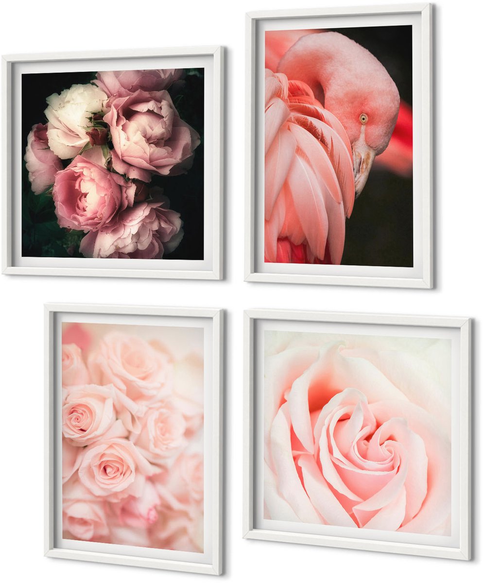 Coloray 4-Delige Schilderij Set - Pastelrozen En Flamingo'S In Delicate Tinten - 40 x 40 En 40 x 60 - Muurdecoratie - Wanddecoratie - Hal