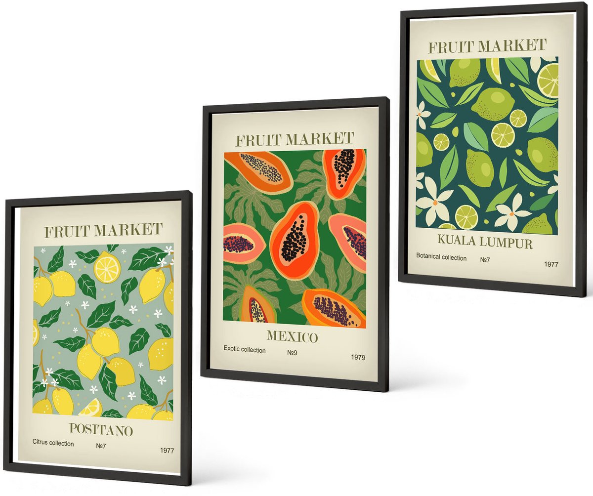 Coloray 3-Delige Schilderij Set - Vruchtpatronen Van Citroenen, Papaja'S En Limoenen - 40 x 60 cm - Muurdecoratie - Decoratieve Schilderijen - Wohnzimmer - Woonkamer Decoratie