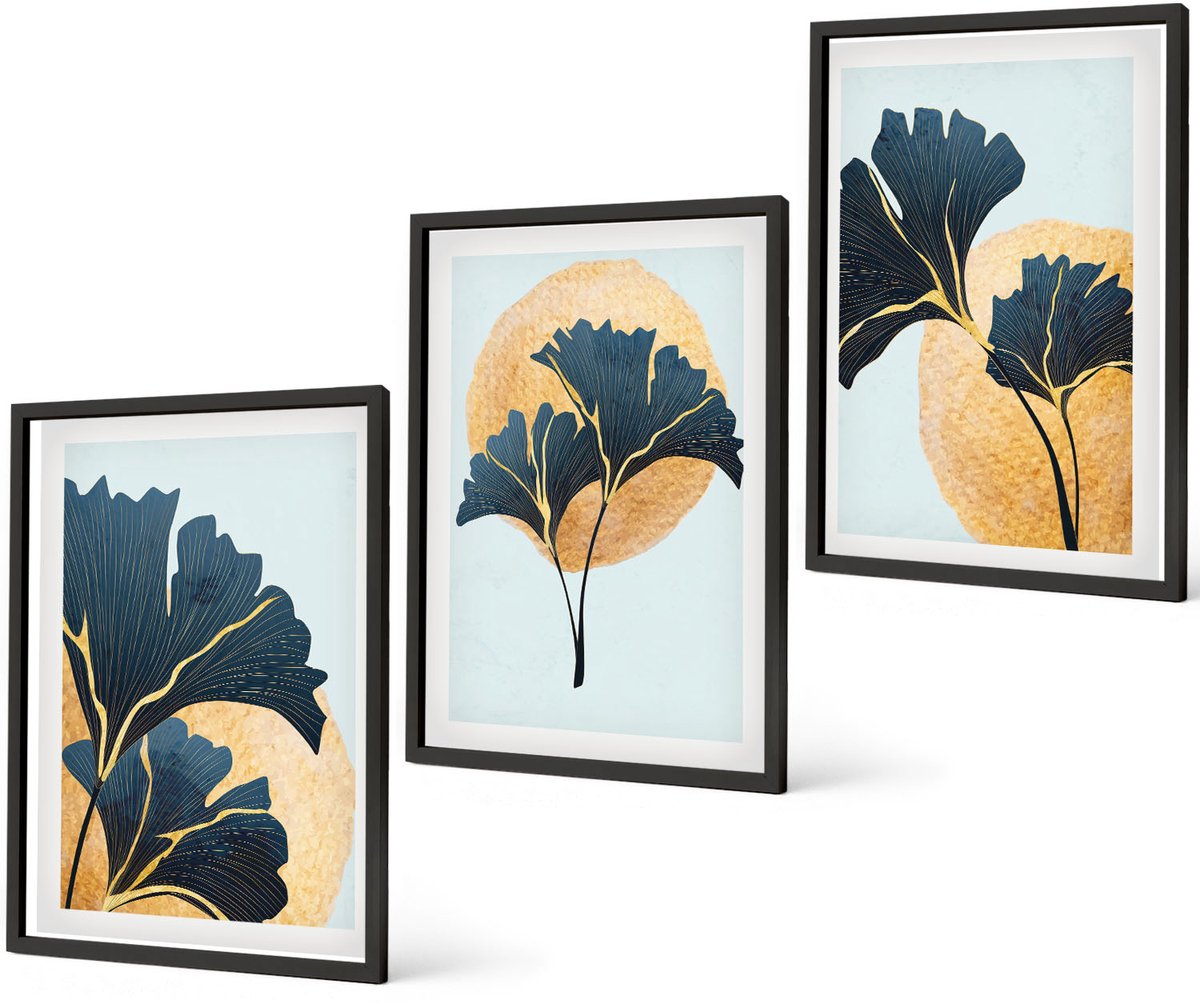 Coloray 3-Delige Schilderij Set - Esthetisch Aantrekkelijke Ginkgobladeren Op Een Lichte Achtergrond. - 40 x 60 cm - Wanddecoratie - Woonkamer Decoratie