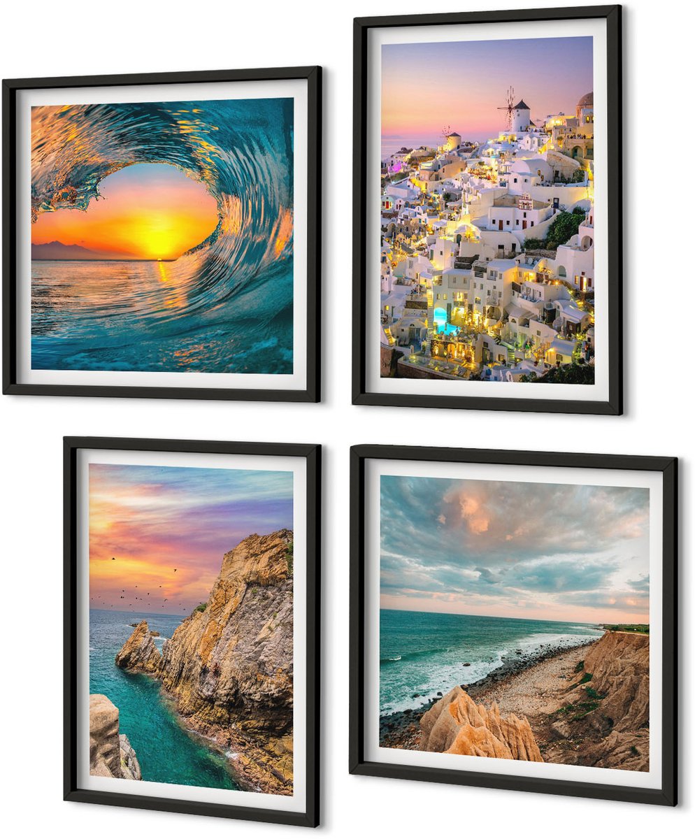 Coloray 4-Delige Schilderij Set - Uitzicht Op De Zee, De Golven En De Witte Huizen Op Santorini, Griekenland - 40 x 40 cm En 40 x 60 cm - Muurdecoratie - Interieur Decoratie Zwarte lijst