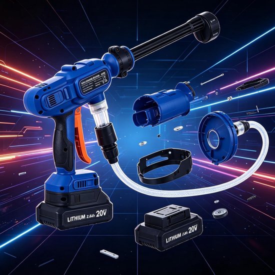 Accu Hogedrukreiniger - Borstelloze Motor - 1300 PSI - 6-in-1 Sproeikop - Zelfaanzuigend - Ultralicht 0.98kg - Draagbare Reinigingsspuit inclusief Harde Koffer & 5m Slang — afbeelding 5