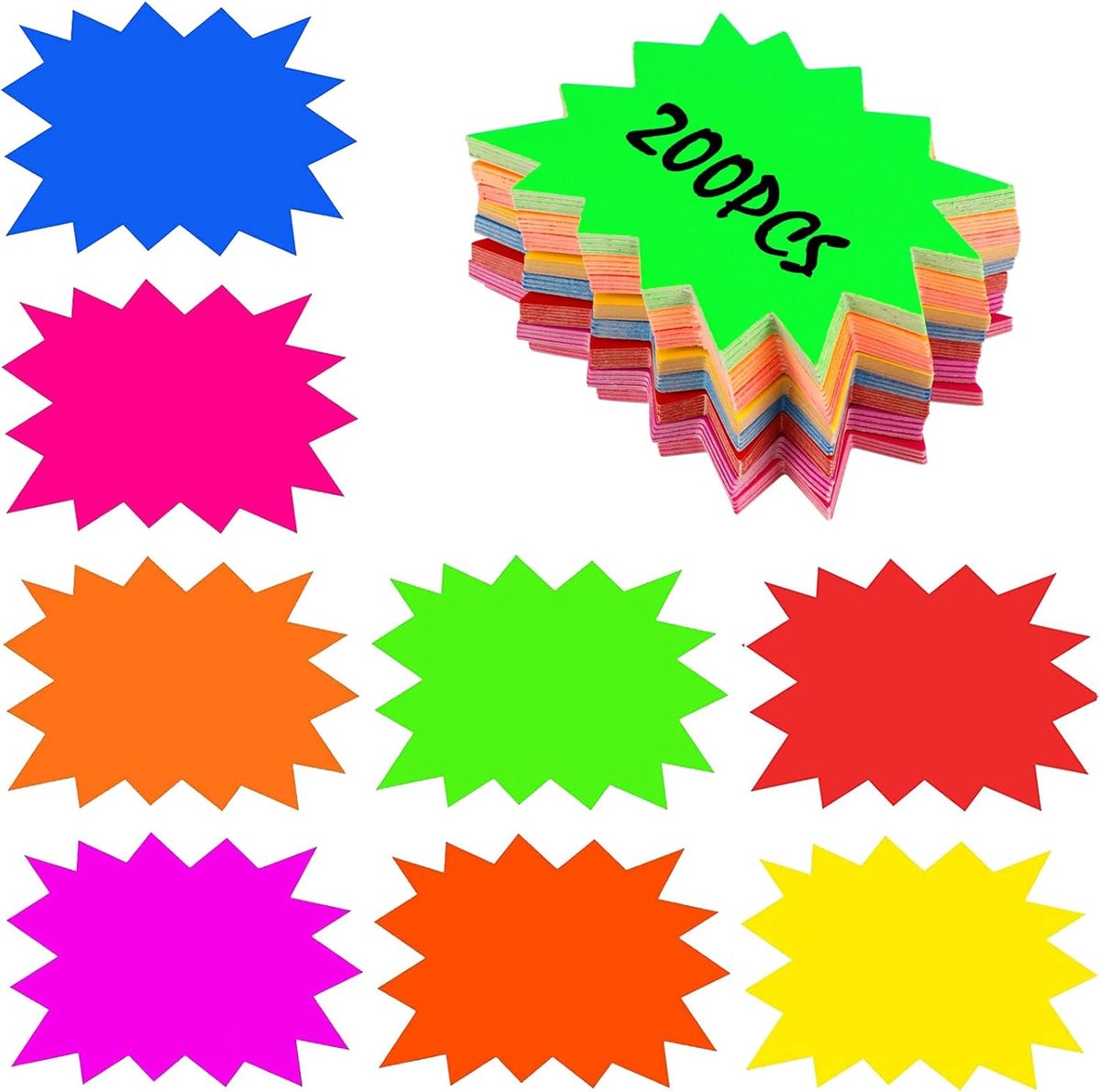 200 Pack of Fluorescent Starburst Price Card and Signs, 8 Color Labels, Displays for Stores and Supermarkets - ShopVlot
