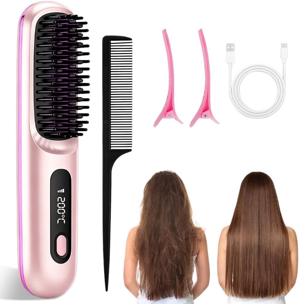 Draadloze Stylingborstel voor Kort Haar - Roze - 20 x 4,5 x 3 cm - Compacte en Draagbare Haarborstel met LED-display - Voor Alle Haartypes