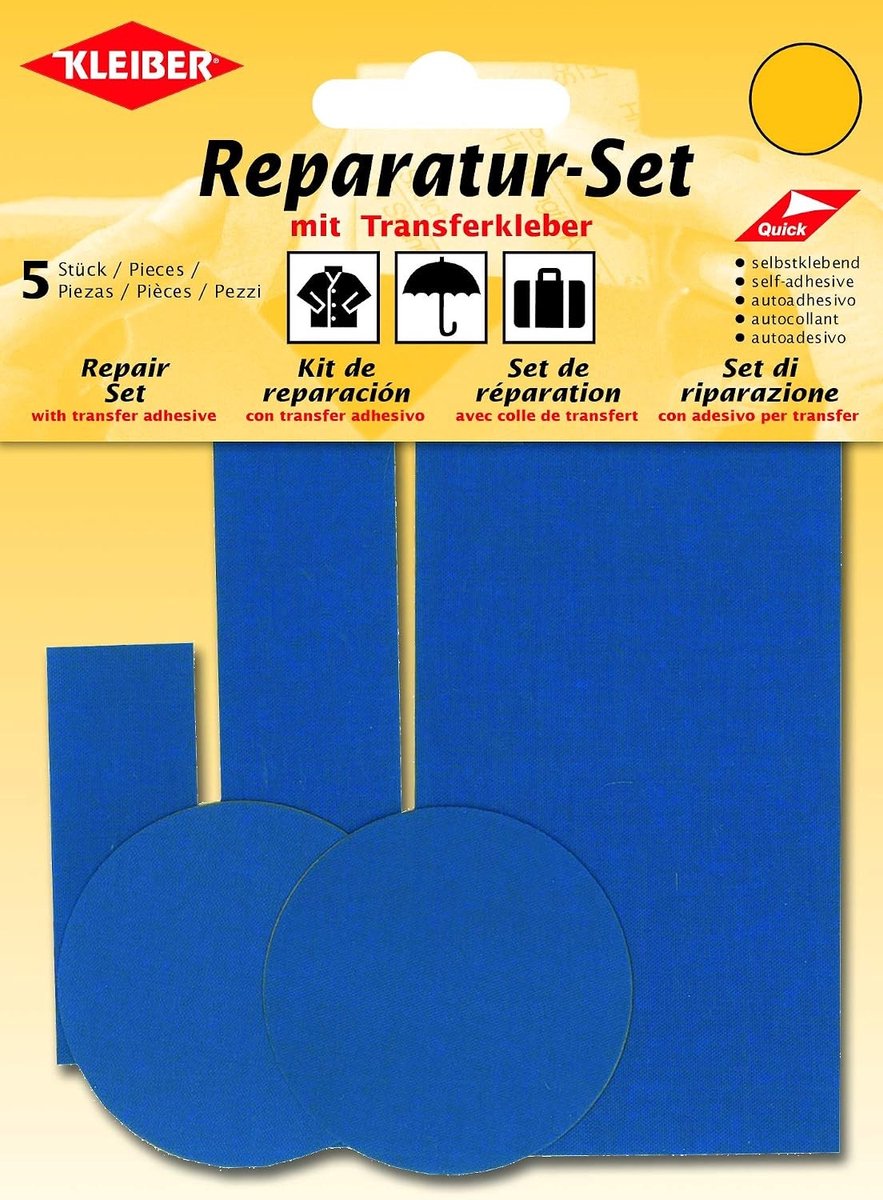 Reparatieset tentdoek - Korenblauw - Set van 5 patches - Zelfklevend polyamide - Voor textiel en outdoor gebruik