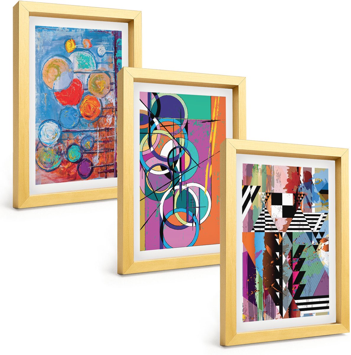 TULUP 4-Delige Schilderij Set - Kleurrijke abstracties met cirkels en geometrische patronen - 20 x 30 cm - Wanddecoratie - Moderne Interieurdecoratie - Stijlvolle Muurdecoratie Gouden lijst