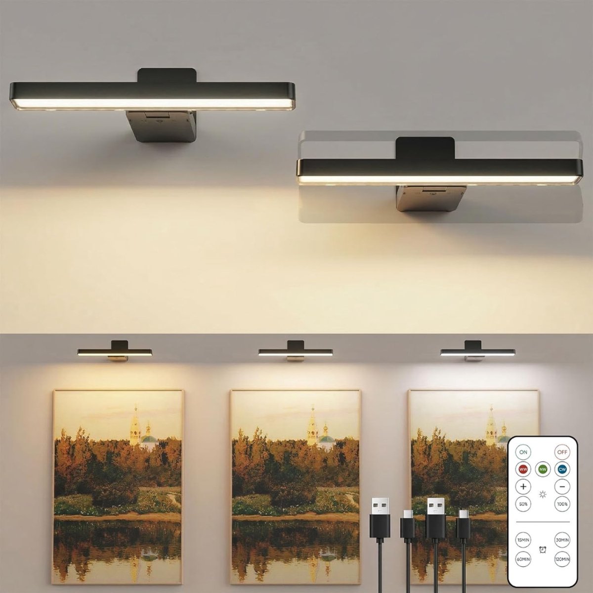 ZRNS® Draadloze Schilderijlamp - Wandlamp Oplaadbaar - Met Batterij en Afstandsbediening - Dimbaar - 3 Kleurtemperaturen - 2 Stuks - Zwart