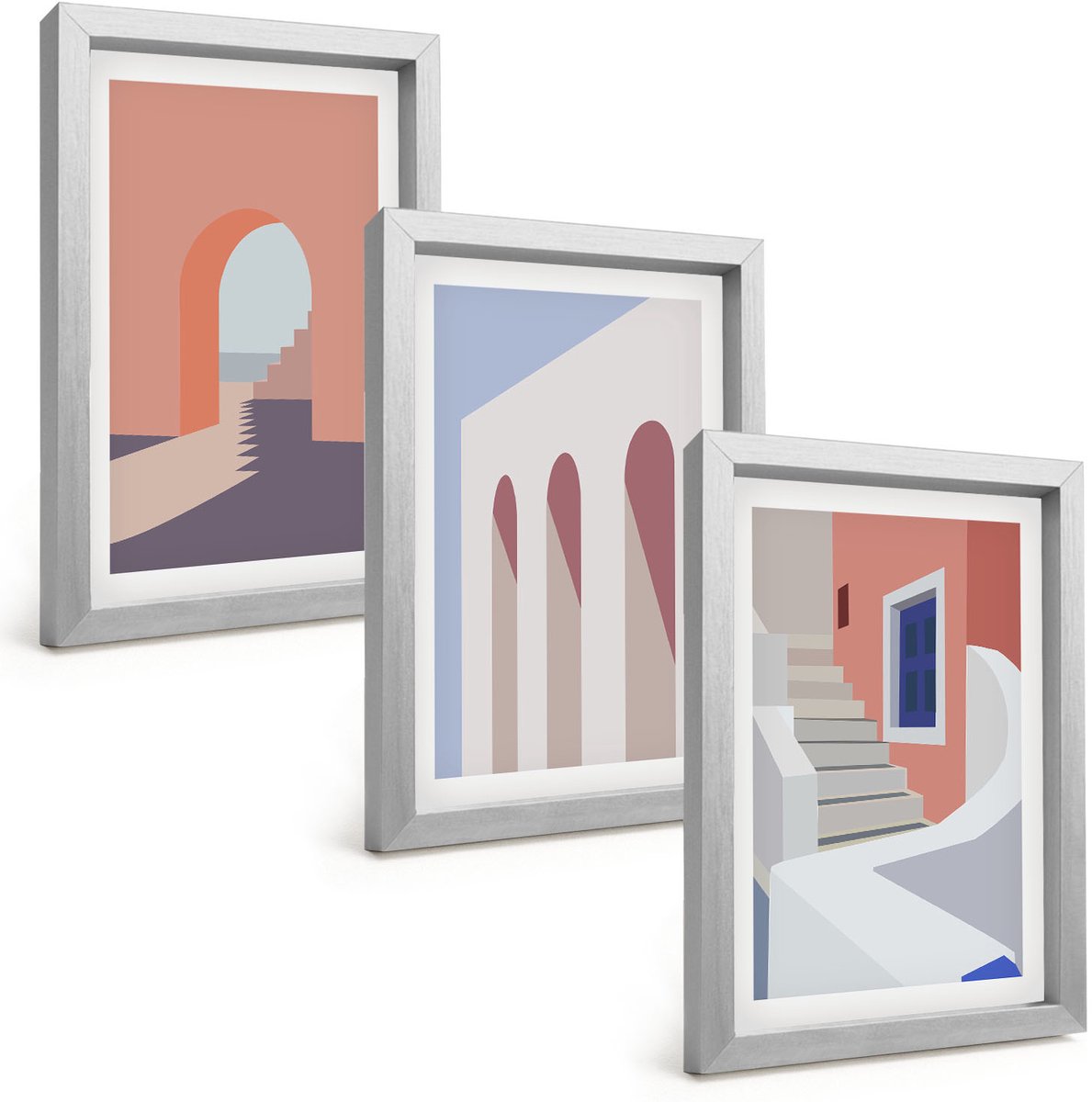 TULUP 4-Delige Schilderij Set - Illustraties van stedelijke architectuur in minimalistische stijl - 20 x 30 cm - Muurdecoratie - Wanddecoratie - Hal - Decoratieve Schilderijen Zilveren lijst