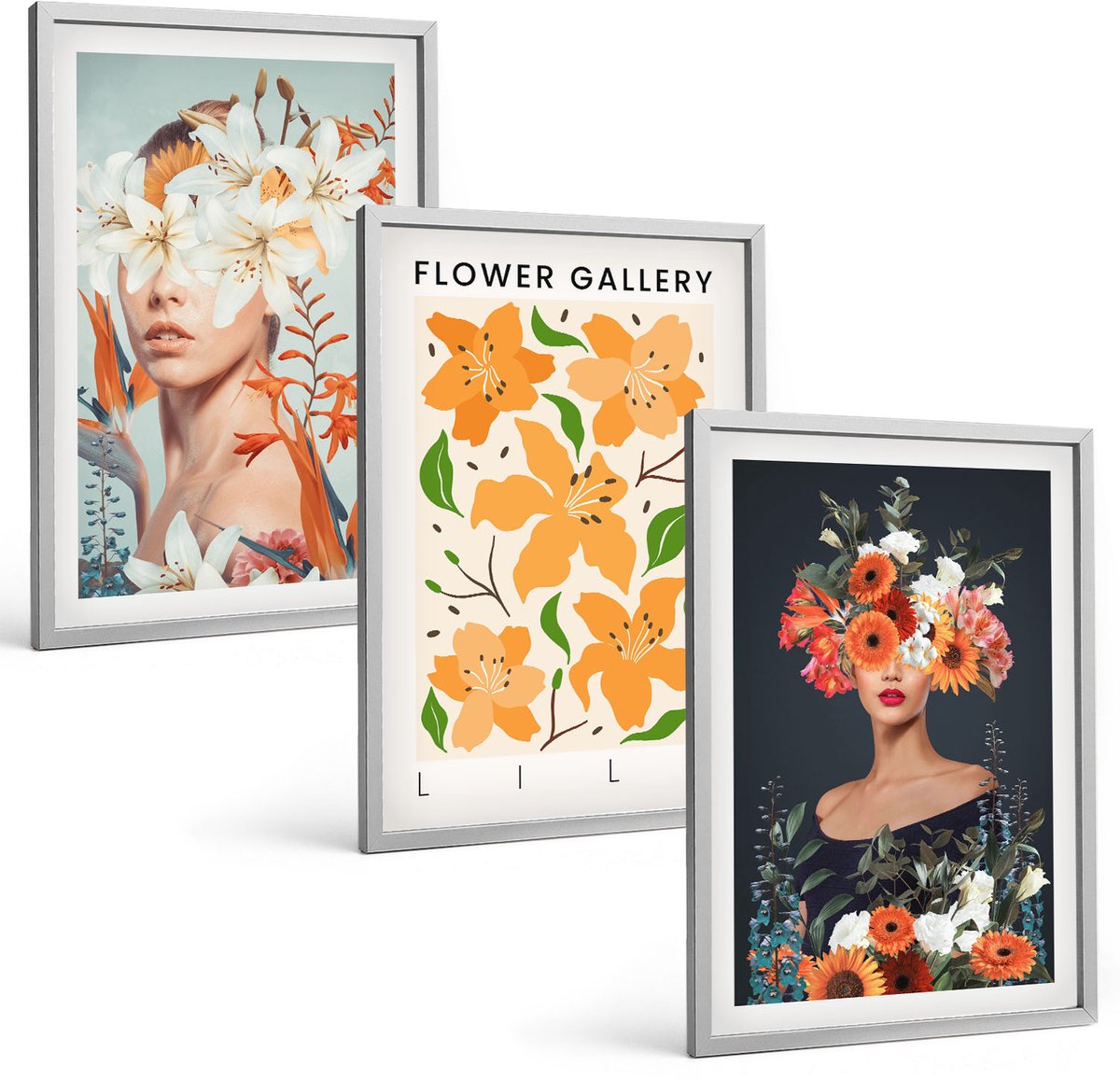 TULUP 4-Delige Schilderij Set - Bloemenportretten met kleurrijke boeketten en bladeren - 40 x 60 cm - Moderne Wanddecoratie - Slaapkamer - Woonkamer Decoratie Zilveren lijst