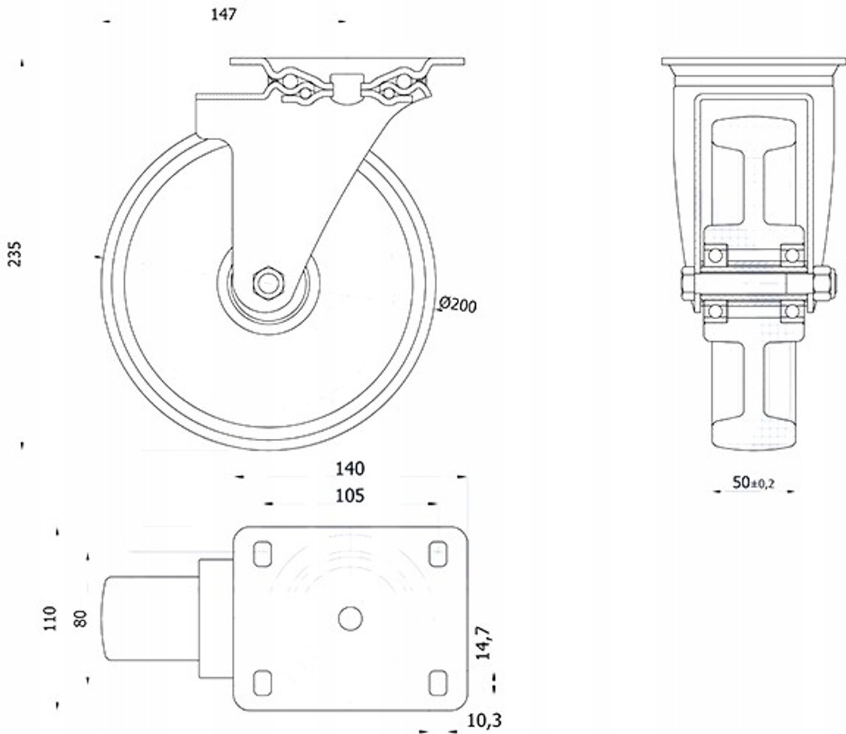 Zwenkbaar Polyamide Wiel Ø200mm, 400kg Draagvermogen