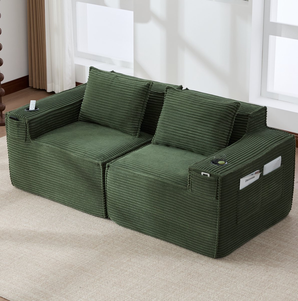 MODENUIT Bank - Modulaire 2-Zits Bank - Met Cupholders En Zijvakken - Voor Woonkamer En Balkon - Corduroy Groen