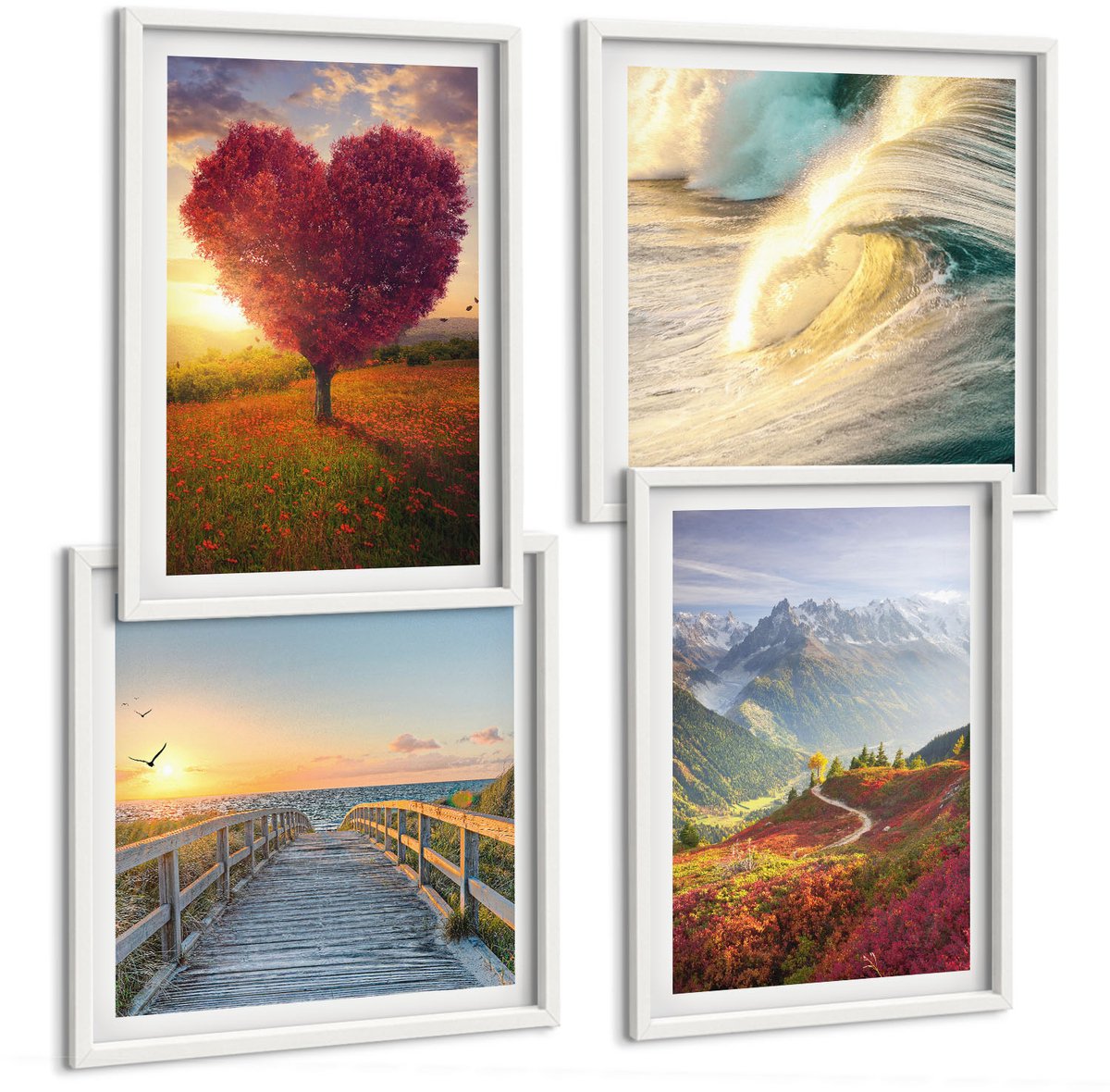Tulup 4-Delige Schilderij Set - Berglandschappen Golven Hartvormige boompier - 40x40 en 40x60 - Wanddecoratie - Moderne Interieurdecoratie - Woonkamer Decoratie