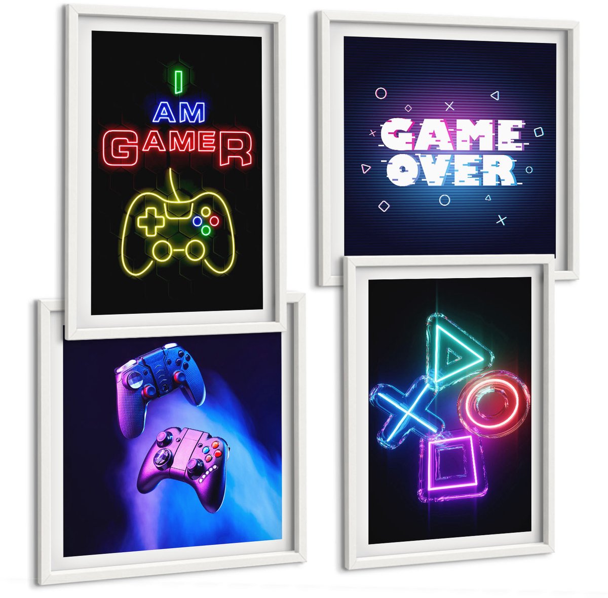 Tulup 4-Delige Schilderij Set - Gamepads Spelersinscripties Pictogrammen - 40x40 en 40x60 - Muurdecoratie - Schilderijen Set - Woonkamer - Wanddecoratie