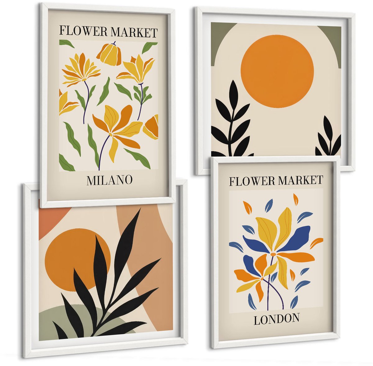 Tulup 4-Delige Schilderij Set - Bloemenposters Parijs Milaan Londen - 40x40 en 40x60 - Muurdecoratie - Wanddecoratie - Slaapkamer