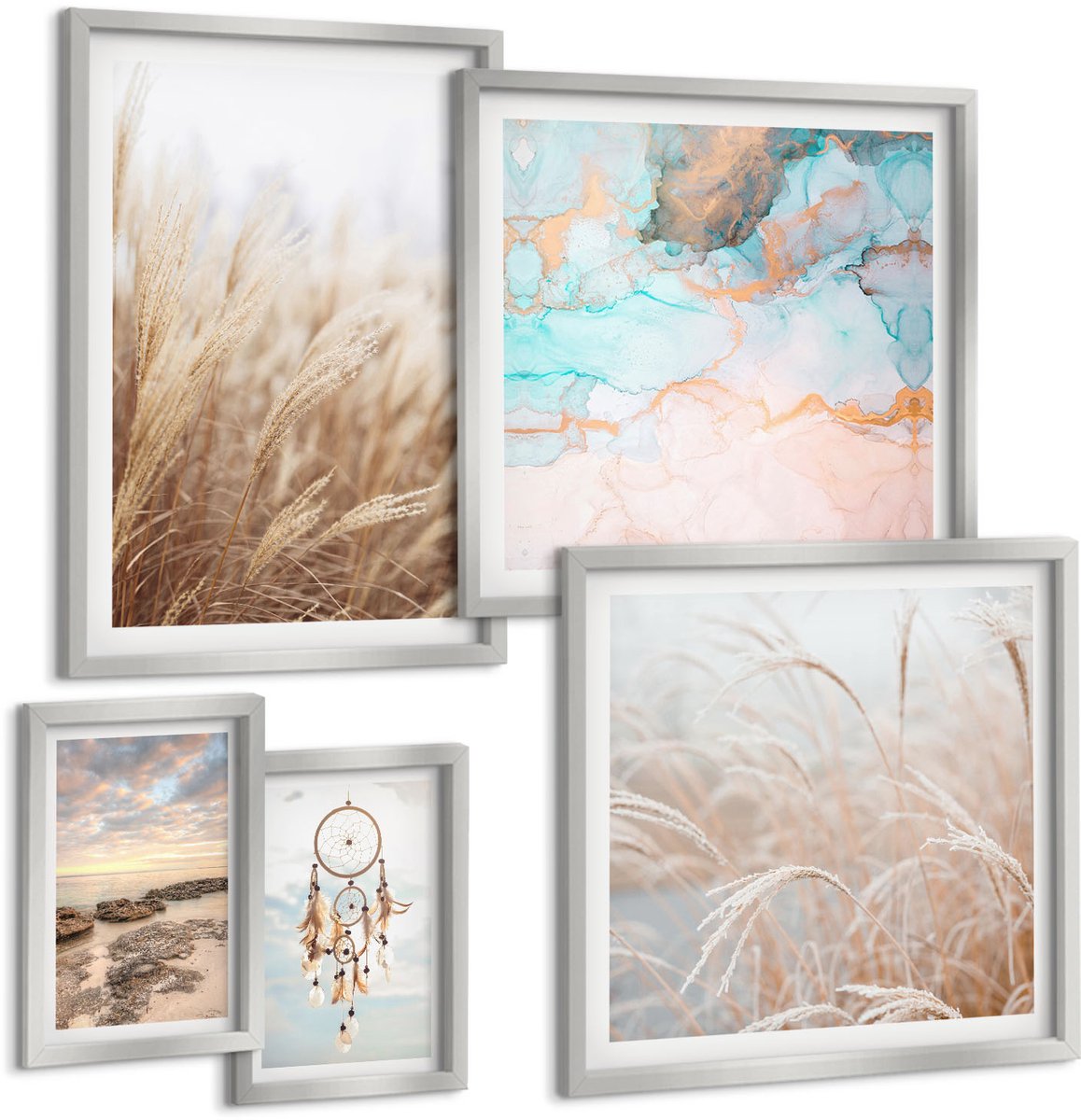 TULUP 4-Delige Schilderij Set - Natuurlijke landschappen met boho-motieven en etnische accenten. - 50 x 50 cm, 20 x 30 cm en 40 x 60 cm - Wanddecoratie - Woonkamer Decoratie - Stijlvolle Muurdecoratie Zilveren lijst