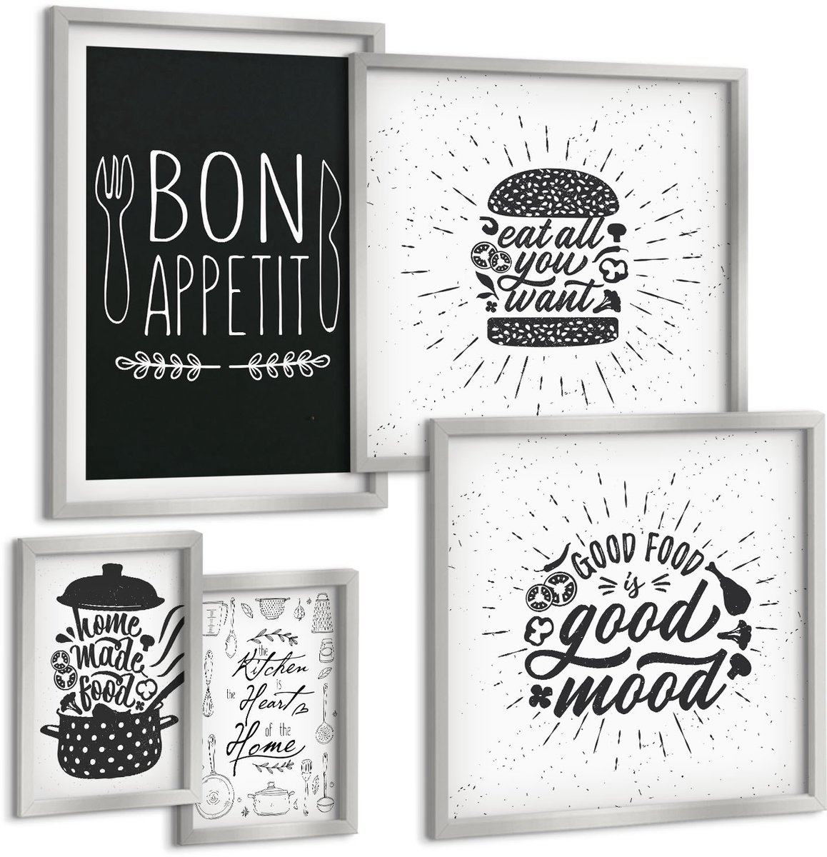 TULUP 4-Delige Schilderij Set - Keukeninspiratie met slogans over eten en koken - 50 x 50 cm, 20 x 30 cm en 40 x 60 cm - Wanddecoratie - Schilderijen Set - Interieur - Moderne Wanddecoratie Zilveren lijst