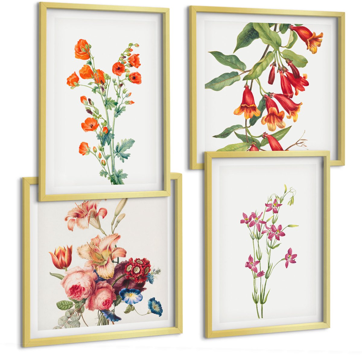 TULUP 4-Delige Schilderij Set - Vintage retro bloemenschilderij - 40 x 40 cm en 40 x 60 cm - Muurdecoratie - Wanddecoratie - Slaapkamer - Stijlvolle Muurdecoratie Gouden lijst