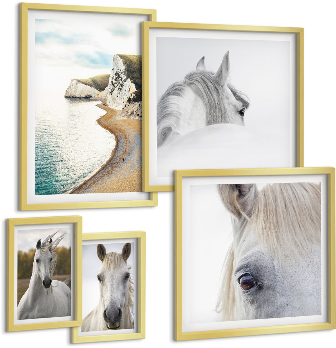 TULUP 5-Delige Schilderij Set - Paarden op het strand en in de natuur in een minimalistische stijl. - 50 x 50 cm, 20 x 30 cm en 40 x 60 cm - Wanddecoratie - Woonkamer Decoratie - Decoratieve Schilderijen Gouden lijst