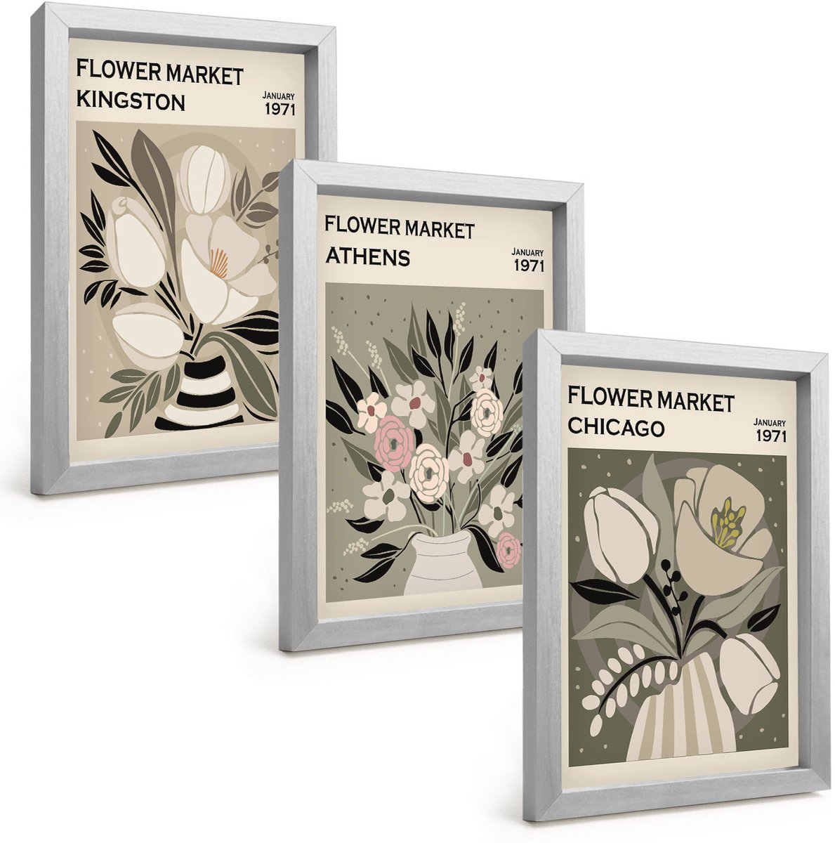 Tulup 4-Delige Schilderij Set - Bloemstukken uit verschillende steden in retrostijl - 20 x 30 cm - Decoratieve Muurdecoratie - Slaapkamer