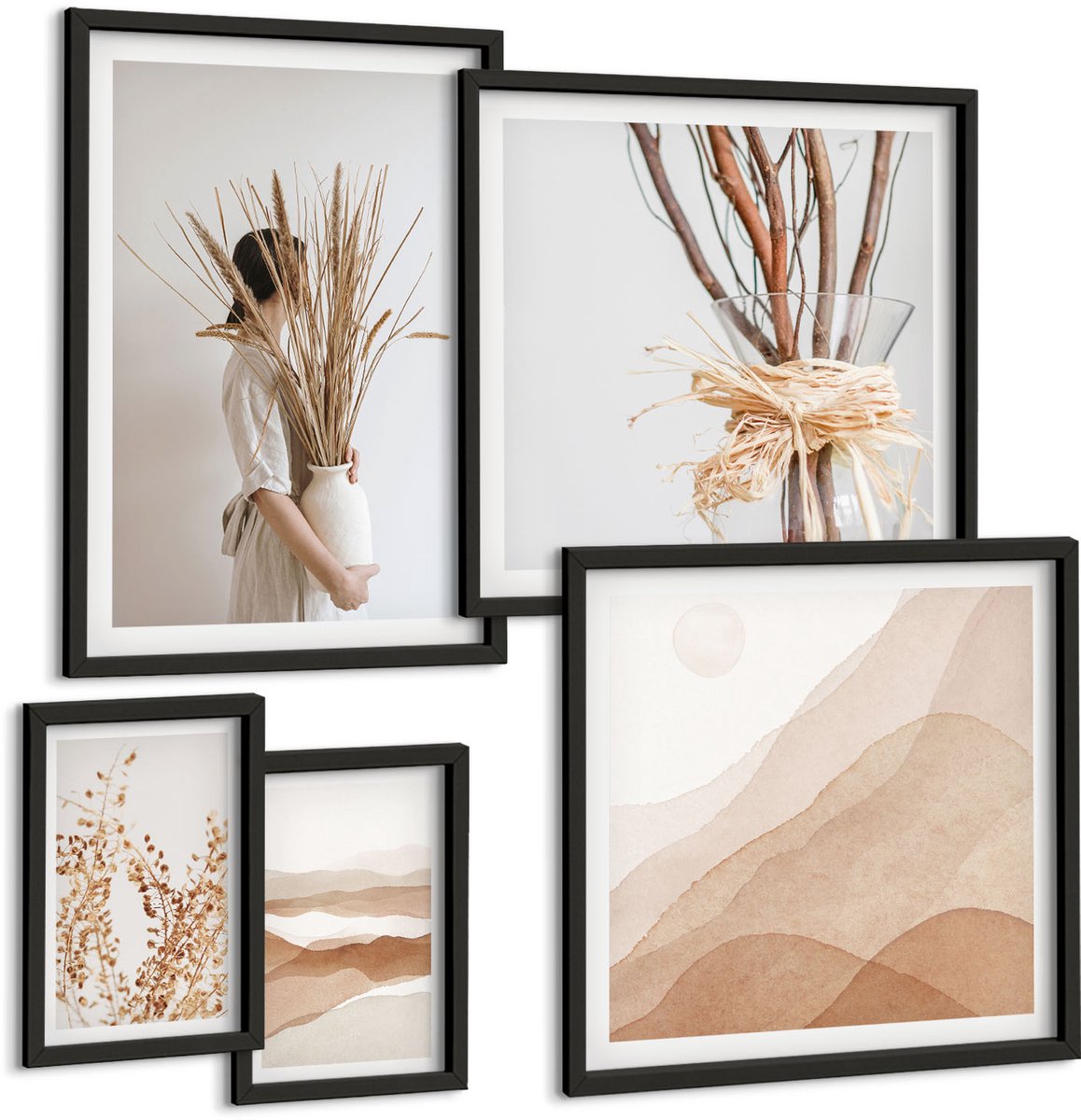 Tulup 4-Delige Schilderij Set - Stijlvolle boho-accenten met planten en abstracte landschappen - 50 x 50 cm, 20 x 30 cm en 40 x 60 cm - Muurdecoratie - Wanddecoratie - Slaapkamer - Stijlvolle Muurdecoratie