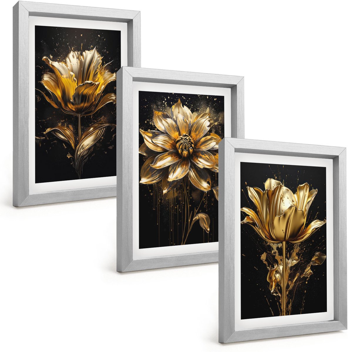 Tulup 4-Delige Schilderij Set - Bloemen in verschillende tinten geel op een donkere achtergrond - 20 x 30 cm - Muurdecoratie - Interieur Decoratie - Moderne Wanddecoratie