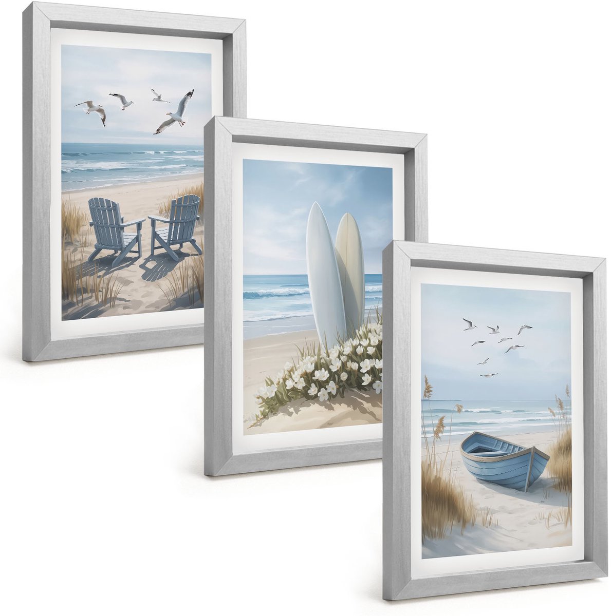 Tulup 4-Delige Schilderij Set - Strand met surfplanken, boten en vogels - 20 x 30 cm - Schilderijen Set - Wanddecoratie - Woonkamer - Moderne Wanddecoratie
